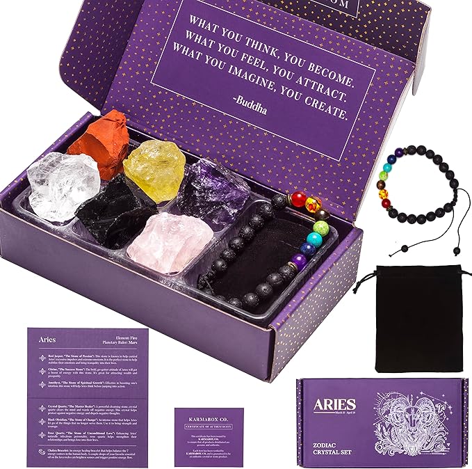 KARMABOX Aries Gifts for Women - Aries Crystal Healing Stone Gift Set - 12 Zodiac Signs - Zodiac Gifts - Astrology Gifts for Women - Horoscope Gifts - Birthday Gifts for Women - Aries Bracelet for men