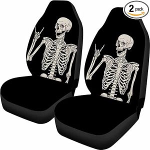 ELEQIN Cool Bone Skeleton Funny Design Car Front Seat Covers Universal fit Breathable Bucket Seat Cover Protection Cars SUV Truck, Black 2Pcs/Set - Scorpio Car Seat Cover for men