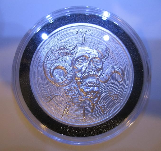 ARIES - ZOMBIE Zodiac Series 1 OZ 999 Round in Capsule Skull Apocalypse Active. IN A DECORATIVE BLACK RING - Aries Ring for men