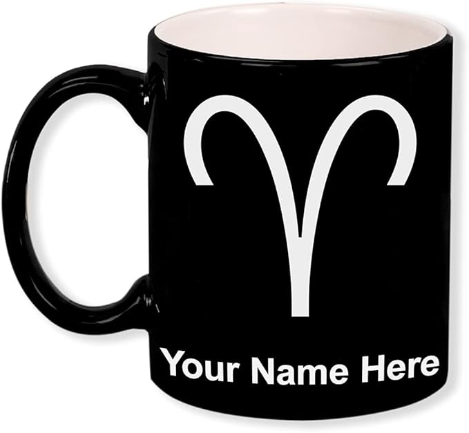 LaserGram 11oz Round Ceramic Coffee Mug, Zodiac Sign Aries, Personalized Engraving Included (Black) - Aries Mug for men