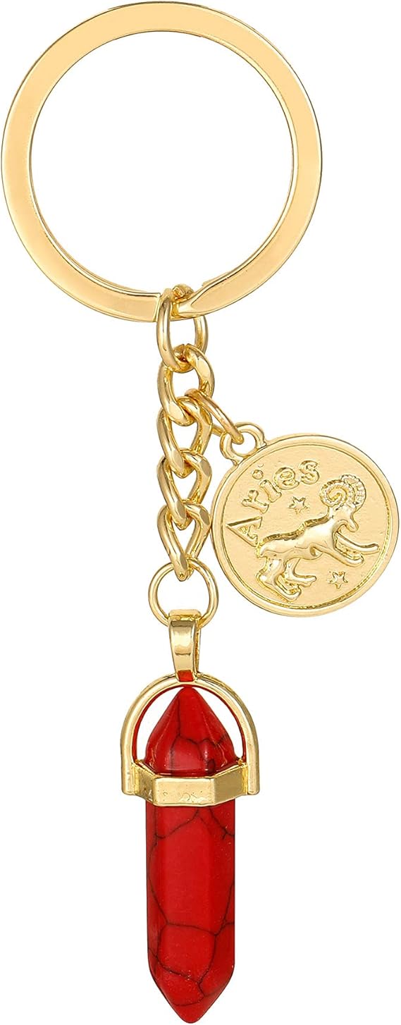 12 Zodiac Charm & Multi-color Hexagonal Healing Crystal Stone Keychain Birthday Gift - Aries Keychain for men