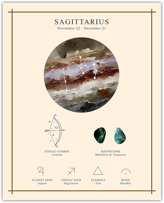 Buzz Unplugged Sagittarius Zodiac Astrology Poster: Unique Astronomy Boho Wall Art Poster for Home, Office, Bedroom & Living Room Decor - Unframed Posters 11x14 - Sagittarius Home Decor for men