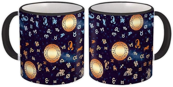 Zodiac Signs : Gift Mug Wheel Starry Pattern Space Mystical Aries Capricorn Esoteric - White w/Black Handle - Aries Mug for men