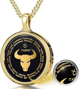 14k Yellow Gold Taurus Necklace Zodiac Pendant Star Sign Birthdays 20th April to 20th May Jewelry Inscribed in 24k Gold on Black Onyx Gemstone, 18" Gold Plated Silver Rolo Chain - Taurus for men