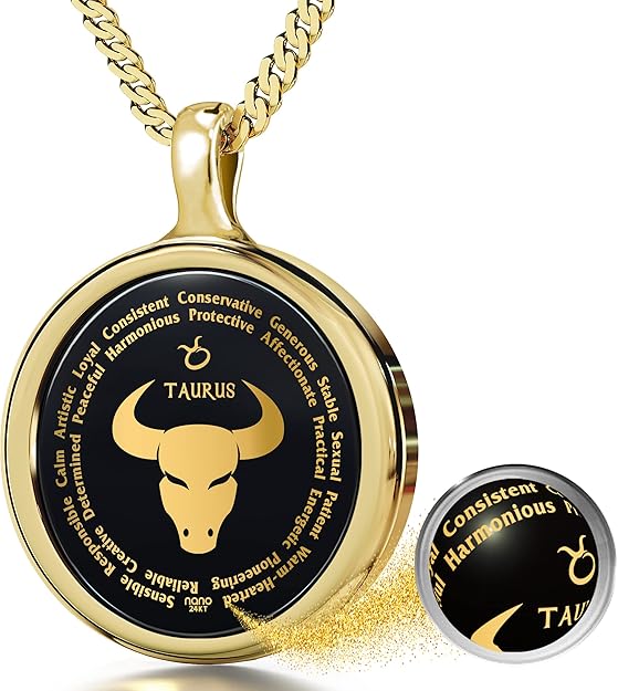14k Yellow Gold Taurus Necklace Zodiac Pendant Star Sign Birthdays 20th April to 20th May Jewelry Inscribed in 24k Gold on Black Onyx Gemstone, 18" Gold Plated Silver Rolo Chain - Taurus for men