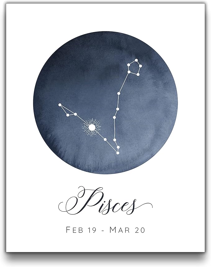 Sage Light Design Co Pisces Constellation Wall Art Print | 8x10 UNFRAMED Watercolor Zodiac Themed Picture | Navy, Black, Grey on White - Pisces Canvas for men