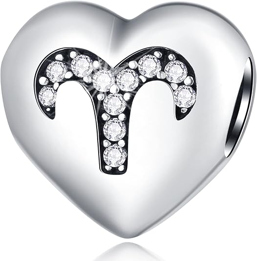 12 Zodiac Signs with Clear CZ Heart Charms, 925 Sterling Silver Constellation Beads, fits European Birthday Bracelet, Gifts for Family/Lover/Friends - Aries Bracelet for men