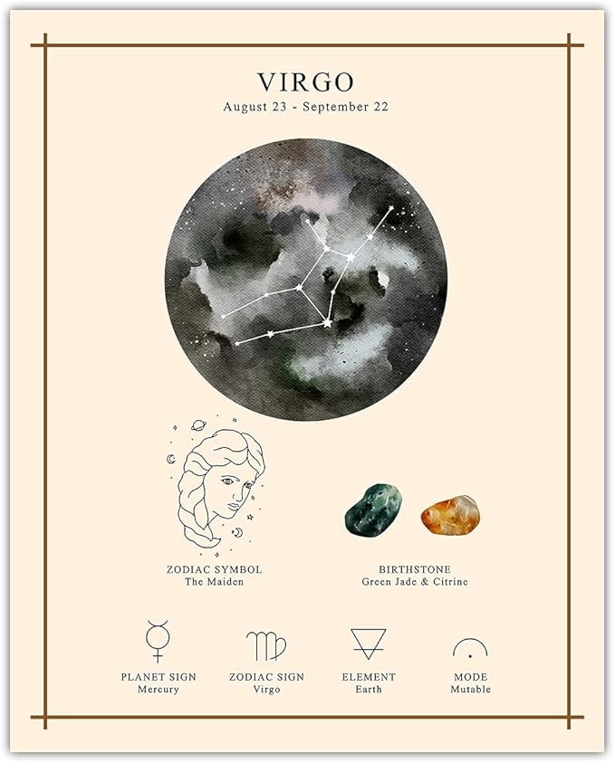 Buzz Unplugged Virgo Zodiac Astrology Poster: Unique Astronomy Boho Wall Art Poster for Home, Office, Bedroom & Living Room Decor - Unframed Posters 8x10 - Virgo Poster for men