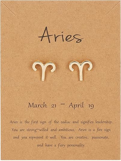18K Gold Plated Zodiac Stud Earrings 12 Constellation Astrology Card Packaging Horoscope 18K Gold Plated Little Ear Stud for Women Birthday Anniversary Friendship Exquisite Jewelry Gift - Aries Ring for men
