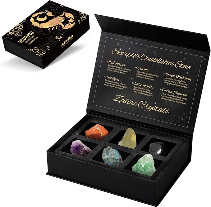 Scorpio Crystals Gift Set, Zodiac Signs Healing Crystals Birthstones with Horoscope Box Set Scorpio Astrology Crystals Healing Stones Gifts - Scorpio Products for men