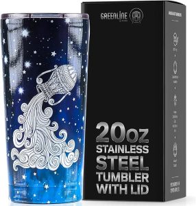 Greenline Goods Zodiac Insulated Coffee Tumbler - Aquarius 20 oz Metal Drink Cup With Slide Top Lid - Non Slip Silicone Base - Astrology Stainless Steel Water Bottle Coffee Travel Mug - Aquarius Mug for men