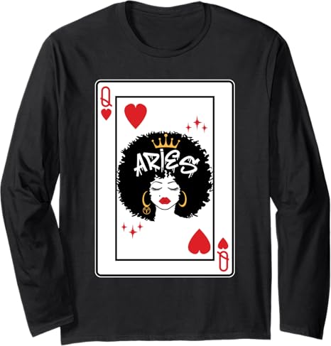 Aries Astrology Black Queen Hearts Blackjack Cards Poker Long Sleeve T-Shirt - Aries T-Shirt for men