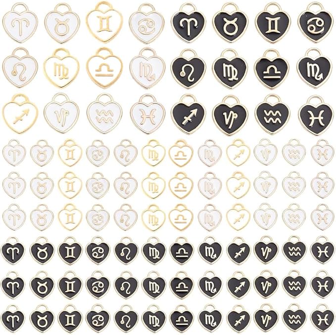 PH PandaHall 12 Constellation Heart Charms, 96pcs Zodiac Sign Enamel Pendants Double Sided Birthday Sign Lucky Charm Astrology Horoscope Pendant for DIY Bracelet Necklace Earring Making (Black White) - Aries Necklace for men
