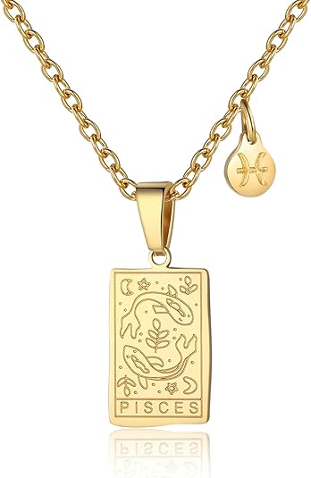 Zodiac Sign Necklace for Women Constellation Tarot Card Pendant Double Sided Gold Stainless Steel Waterproof NonTarnish Friendship Jewelry Gift - Pisces for men