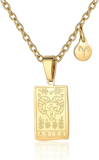Zodiac Sign Necklace for Women Constellation Tarot Card Pendant Double Sided Gold Stainless Steel Waterproof NonTarnish Friendship Jewelry Gift - Aries for men