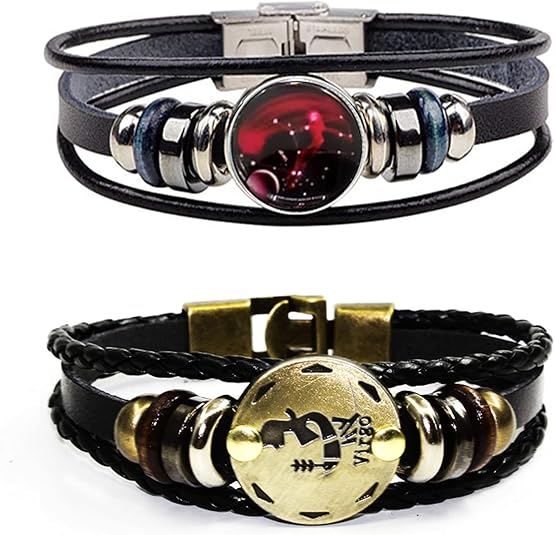 2Pcs Zodiac Bracelets for Women 12 Constellations Multilayer Leather Bracelet Handmade Woven Zodiac Sign Wrap Wristband Cuff Bracelet Zodiac Gifts for Birthday Christmas - Aries Bracelet for men