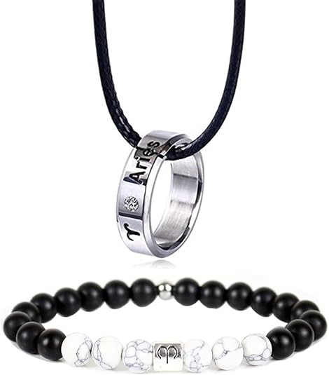 12 Zodiac Constellations Necklace Bracelet Horoscope Constellation Beaded Bracelet Necklace for Women Men 2Pcs Set Jewelry - Aries Necklace for men