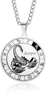 Zodiac Constellation Pendant Necklace Stainless Steel Round Disc Zodiac Sign Necklace for Women Men Birthday Gift Jewelry - Scorpio Accessories for men