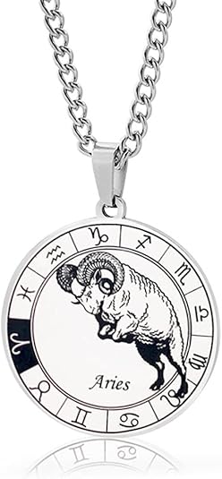 Zodiac Constellation Pendant Necklace Stainless Steel Round Disc Zodiac Sign Necklace for Women Men Birthday Gift Jewelry - Aries Necklace for men