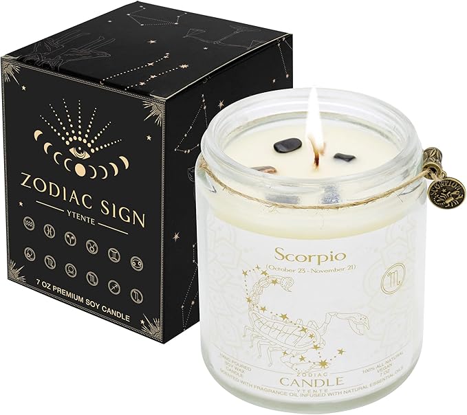 Zodiac Sign Jar Candle, Scorpio, Lavender Scented, Crystal Infused, 4 Ounce, Black, Unisex, All Season, Birthday, Anniversary, Christmas - Scorpio Products for men