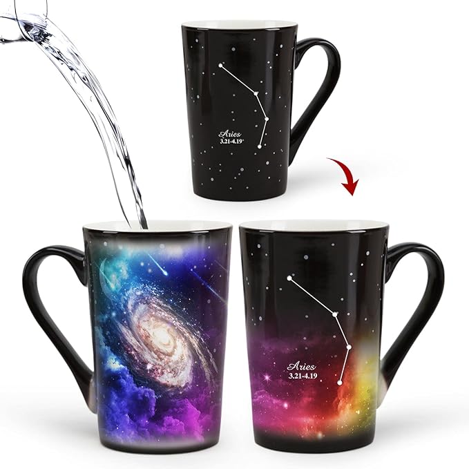 Aries Heat Changing Constellation Mug 12oz,Engraving Horoscope Aries Coffee Mug, Ceramic Color Changing Cup, Unique Holiday Birthday Gift for him and her, March April Magic Presents. - Aries Mug for men