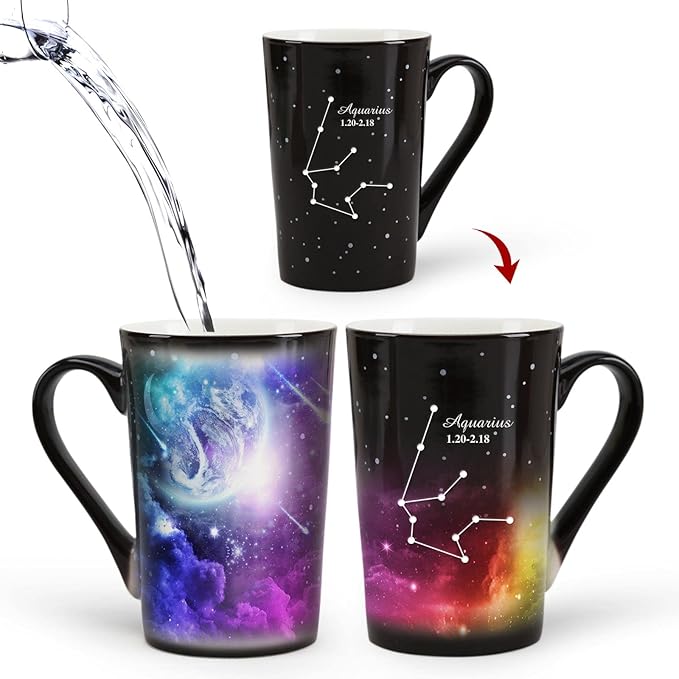 Aquarius Heat Changing Constellation Mug 12oz, Engraving Horoscope Aquarius Coffee Mug, Ceramic Color Changing Cup, Holiday Birthday Gift, January February Magic Presents. - Aquarius Mug for men