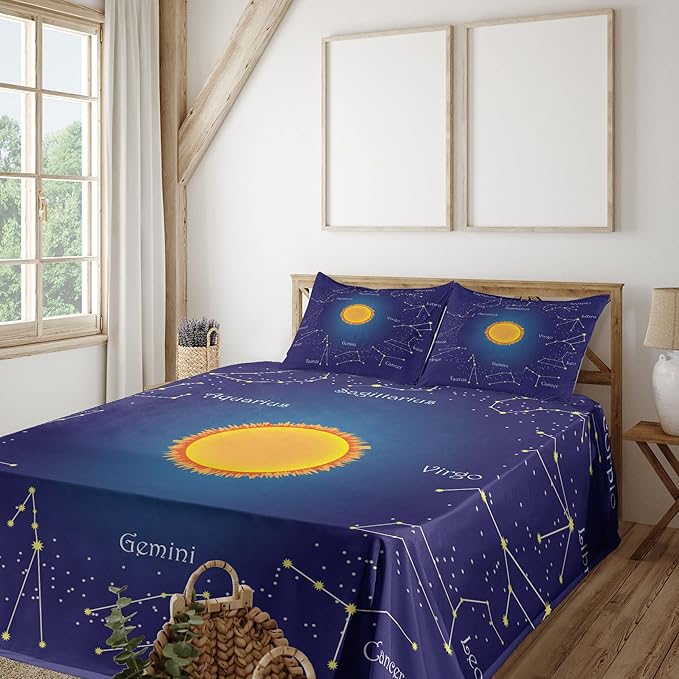Lunarable Astrology Sheet Set, Celestial Star Chart Constellation Around Sun on The Sky Aries Sign, Fitted and Flat Sheet with Pillowcases Bedding Accent 4 Piece Set, Full, Dark Blue Orange - Aries Pillow for men
