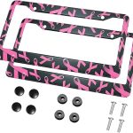 HOSNYE Pink Ribbon License Plate Frame Breast Cancer Awareness Metal 2 Pcs 2 Holes Black Licenses Plates Frames Front Licenses Plate Covers Car Tag Frame for Women Men US Vehicles - Cancer Car Accessories for men