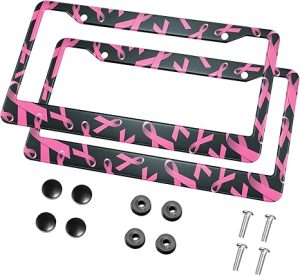 HOSNYE Pink Ribbon License Plate Frame Breast Cancer Awareness Metal 2 Pcs 2 Holes Black Licenses Plates Frames Front Licenses Plate Covers Car Tag Frame for Women Men US Vehicles - Cancer Car Accessories for men