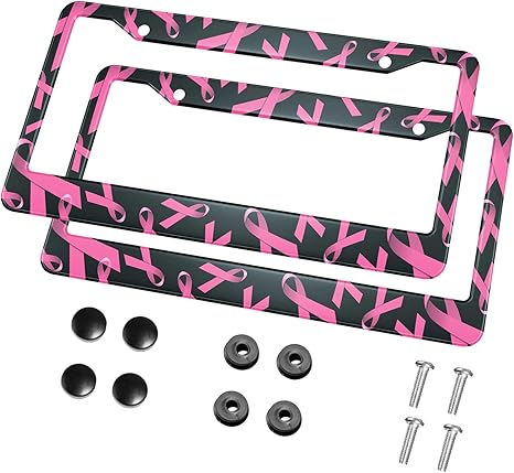 HOSNYE Pink Ribbon License Plate Frame Breast Cancer Awareness Metal 2 Pcs 2 Holes Black Licenses Plates Frames Front Licenses Plate Covers Car Tag Frame for Women Men US Vehicles - Cancer Car Accessories for men