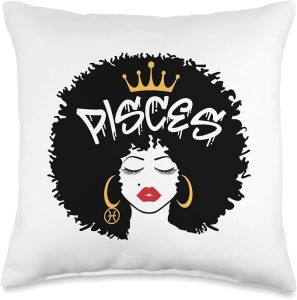 Pisces Afro Hair Queen Birthday Black Women Girl Pisces Zodiac Sign African Hair Style Queen Afro Astrology Throw Pillow, 16x16, Multicolor - Pisces Pillow for men