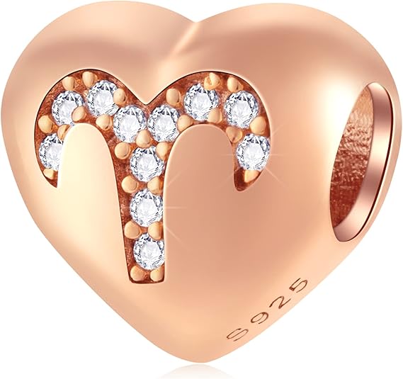 Rose Gold Zodiac Sign with Clear CZ Heart Charms in 925 Sterling Silver, 12 Constellation/Horoscope Beads fits European Birday Bracelet/Necklace, Gifts for Family/Lovers/Friends - Aries Bracelet for men