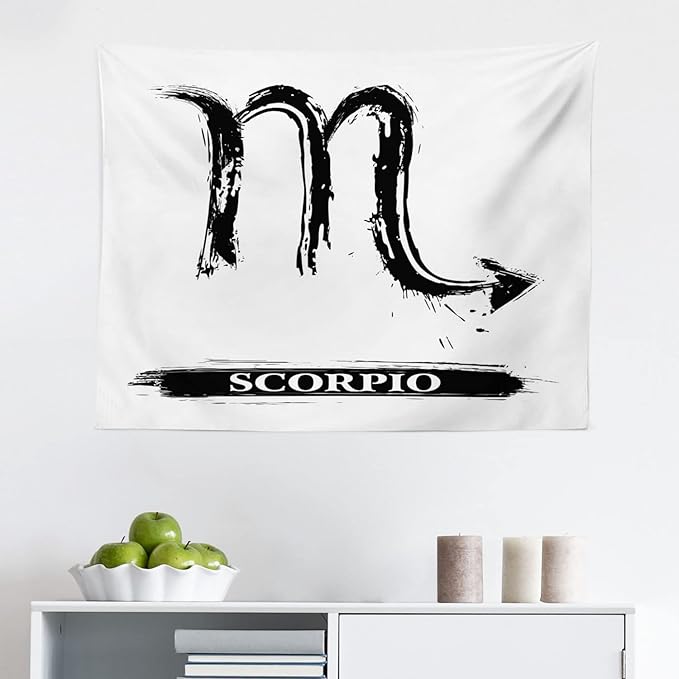 Ambesonne Zodiac Scorpio Tapestry, Brushstroke Sign in Hand Painted Style Birth Future Prediction, Fabric Wall Hanging Decor for Bedroom Living Room Dorm, 28" X 23", Black and White - Scorpio Canvas for men