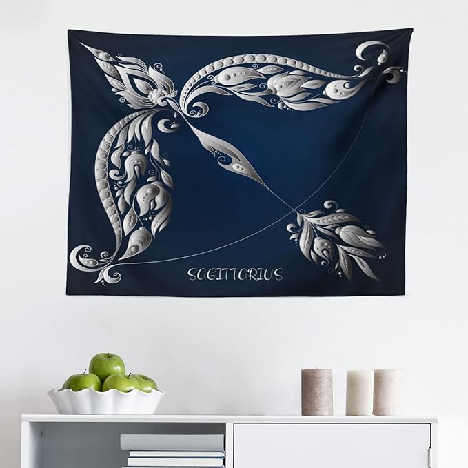 Ambesonne Zodiac Sagittarius Tapestry, Hand Drawn Bow Arrow Motif Leaves Flowers Astrology Sign, Fabric Wall Hanging Decor for Bedroom Living Room Dorm, 28" X 23", Dark Blue and Grey - Sagittarius Home Decor for men