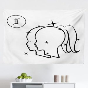 Ambesonne Zodiac Gemini Tapestry, Sign with Women Portrait Outlines with Stars Sisters of Zodiac, Fabric Wall Hanging Decor for Bedroom Living Room Dorm, 45" X 30", Black and White - Gemini Blanket for men