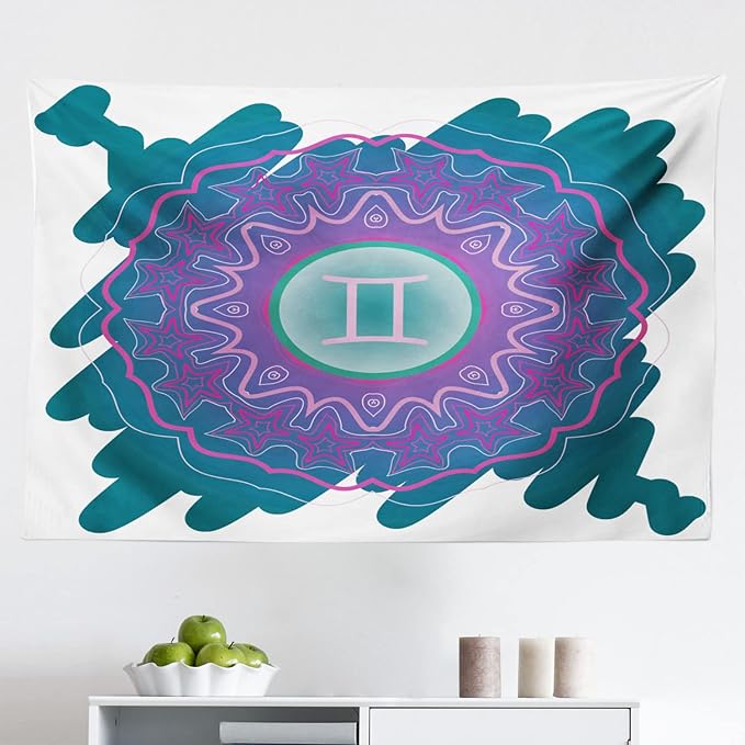 Ambesonne Zodiac Gemini Tapestry, Doodle Style Mandala Round Pattern with Cosmic Sign and Scribble, Fabric Wall Hanging Decor for Bedroom Living Room Dorm, 45" X 30", Teal Pink and Green - Gemini Blanket for men