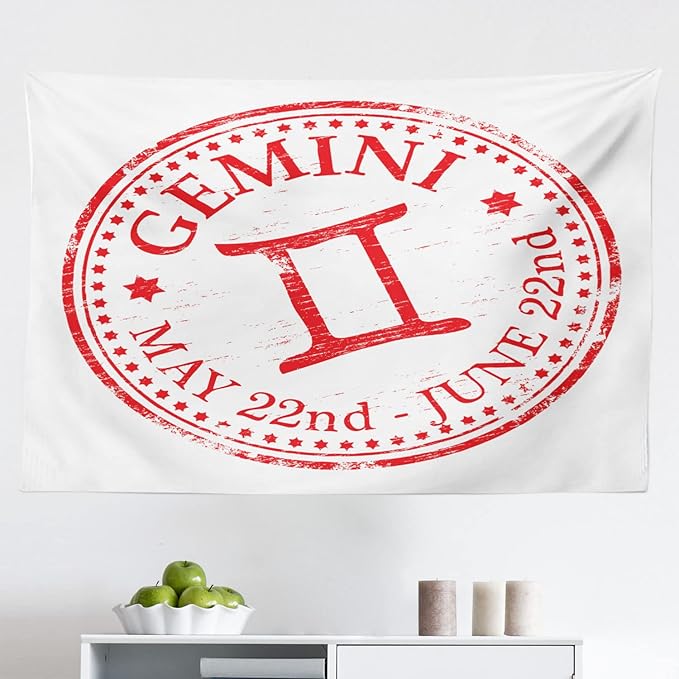 Ambesonne Zodiac Gemini Tapestry, Weathered Old Rubber Stamp Design Vintage Circle Stars Sign and Dates, Fabric Wall Hanging Decor for Bedroom Living Room Dorm, 45" X 30", Scarlet and White - Gemini Blanket for men