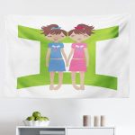 Ambesonne Zodiac Gemini Tapestry, Green Sign Background with Twin Girl Cartoon Characters for Teens and, Fabric Wall Hanging Decor for Bedroom Living Room Dorm, 45" X 30", Multicolor - Gemini Blanket for men