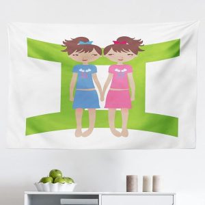 Ambesonne Zodiac Gemini Tapestry, Green Sign Background with Twin Girl Cartoon Characters for Teens and, Fabric Wall Hanging Decor for Bedroom Living Room Dorm, 45" X 30", Multicolor - Gemini Blanket for men