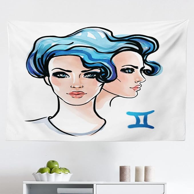 Ambesonne Zodiac Gemini Tapestry, Ink and Watercolor Art Young Women Portraits of Air Sign, Fabric Wall Hanging Decor for Bedroom Living Room Dorm, 45" X 30", Pale Peach Black - Gemini Blanket for men