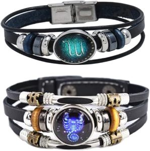 2Pcs Multilayer Constellation Zodiac Leather Bracelet Handmade Woven Zodiac Sign Wrap Bracelet Wristband for Women Men Jewelry Birthday Gift - Scorpio Products for men