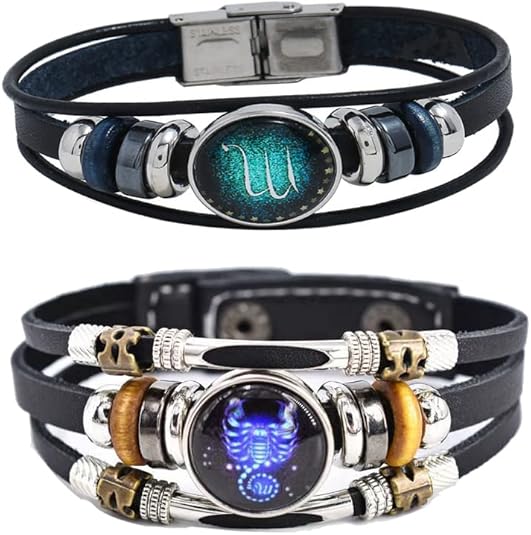 2Pcs Multilayer Constellation Zodiac Leather Bracelet Handmade Woven Zodiac Sign Wrap Bracelet Wristband for Women Men Jewelry Birthday Gift - Scorpio Products for men