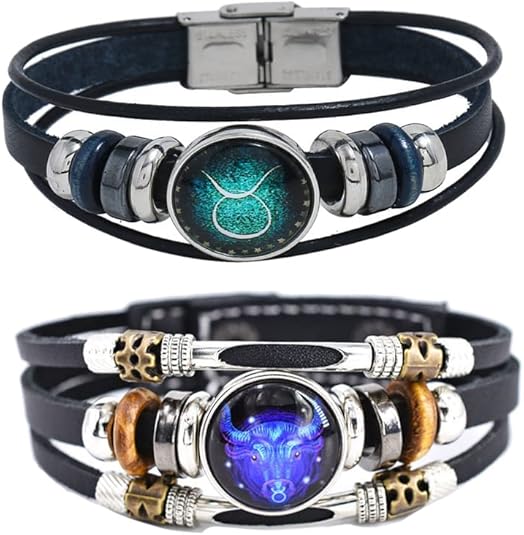 2Pcs Multilayer Constellation Zodiac Leather Bracelet Handmade Woven Zodiac Sign Wrap Bracelet Wristband for Women Men Jewelry Birthday Gift - Taurus for men