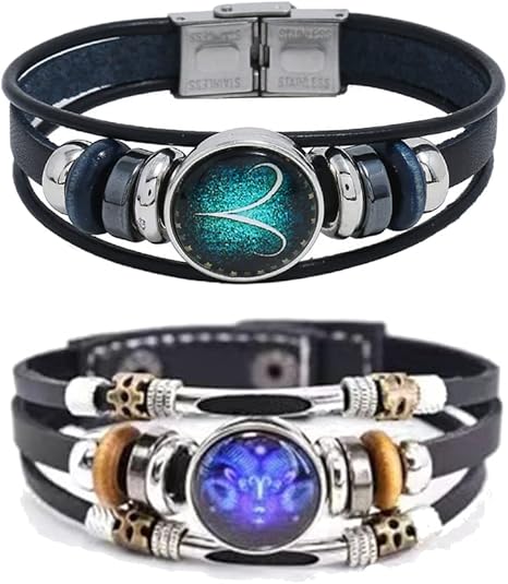 2Pcs Multilayer Constellation Zodiac Leather Bracelet Handmade Woven Zodiac Sign Wrap Bracelet Wristband for Women Men Jewelry Birthday Gift - Aries Bracelet for men