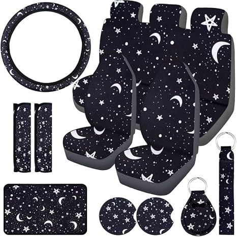 15 Pieces Moon and Stars Car Seat Cover Full Set for Women Men Upgrade Thick Car Front Universal Steering Wheel Cover Separate Headrest Seat Belt Pads (Star Pattern) - Aries Car Seat Cover for men