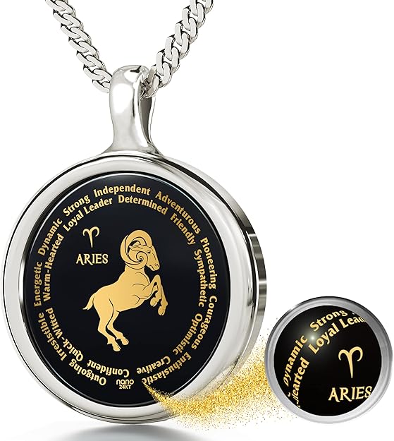 Aries Necklace Zodiac Pendant for Birthdays 21st March to 19th April with Star Sign and Personality Characteristics Inscribed in 24k Gold on Round Black Onyx Gemstone, 18" Rolo Chain - Aries Necklace for men