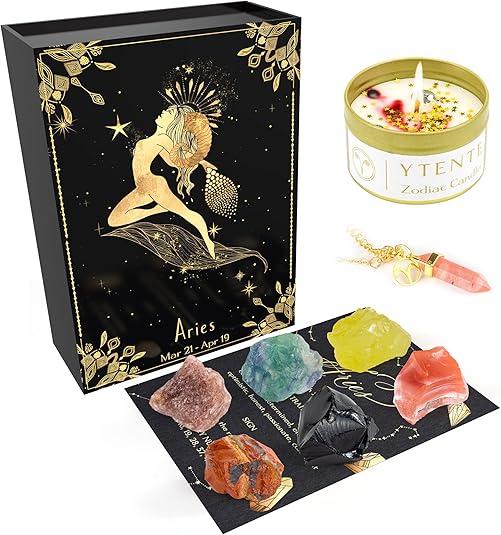 Crystals Healing Stone Gift Set, Soy Wax Zodiac Sign Scented Candles,Crystals Healing Stones Gift Set with Horoscope Crystal Necklace for Women Sister Daughter Birthday Valentine Gifts - Aries Necklace for men