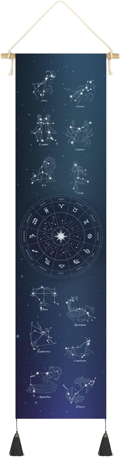 Hanging Poster Canvas Wall Art Banner 12 Constellation Stars, Zodiac Tapestry Astrology Tapestry symbols for Wall Decor Wall Hanging Tapestry Decoration For Home,Office,Room (13''x 56''/33x142cm) - Aries Poster for men