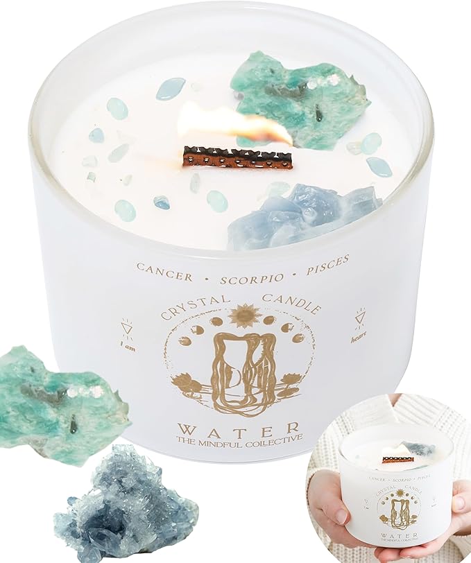 Pisces, Cancer, Scorpio Gifts for Women - 12oz Wood Wick Candles That Crackle with Crystals and Healing Stones. Healing Crystal Candles for Women Home Scented. Soy Wax, for Zodiac Birthdate - Pisces for men