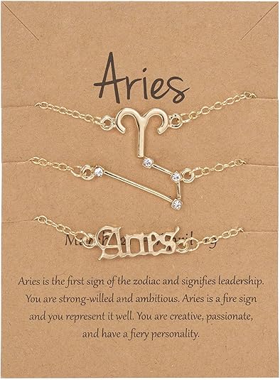 COLORFUL BLING 3 Pcs 12 Constellation Horoscope Bracelet Set 18K Gold Plated Crystal Zodiac Sign Layered Bracelets with Exquisite Letter Astrology Horoscope Card for Women Birthday Jewelry - Aries for men